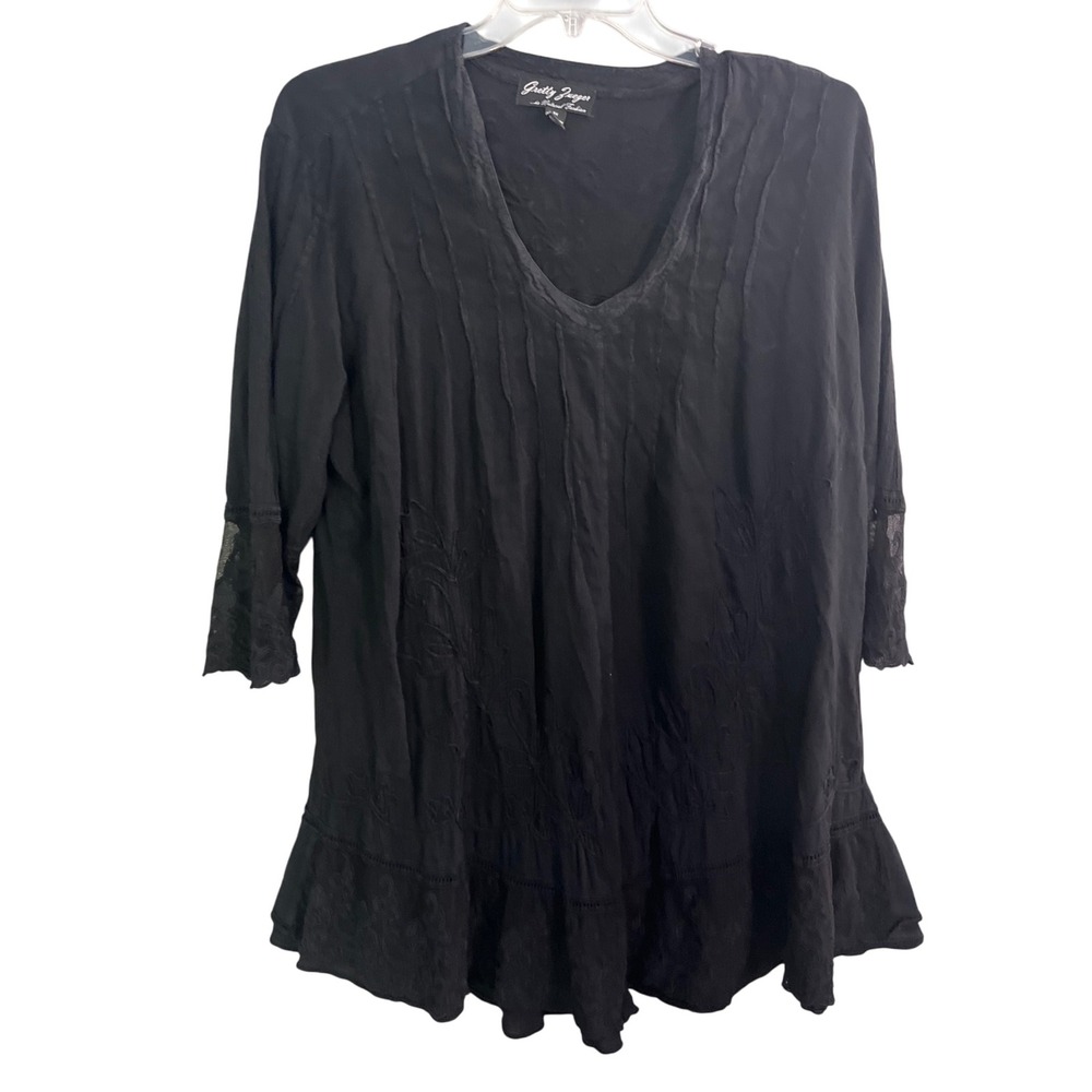 Gretty Zueger Lace Tunic Top 1X Black Cotton Embroider Ruffle Goth Peasant Boho
